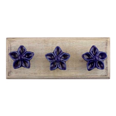 Navy Blue Flower Ceramic Wooden Hooks